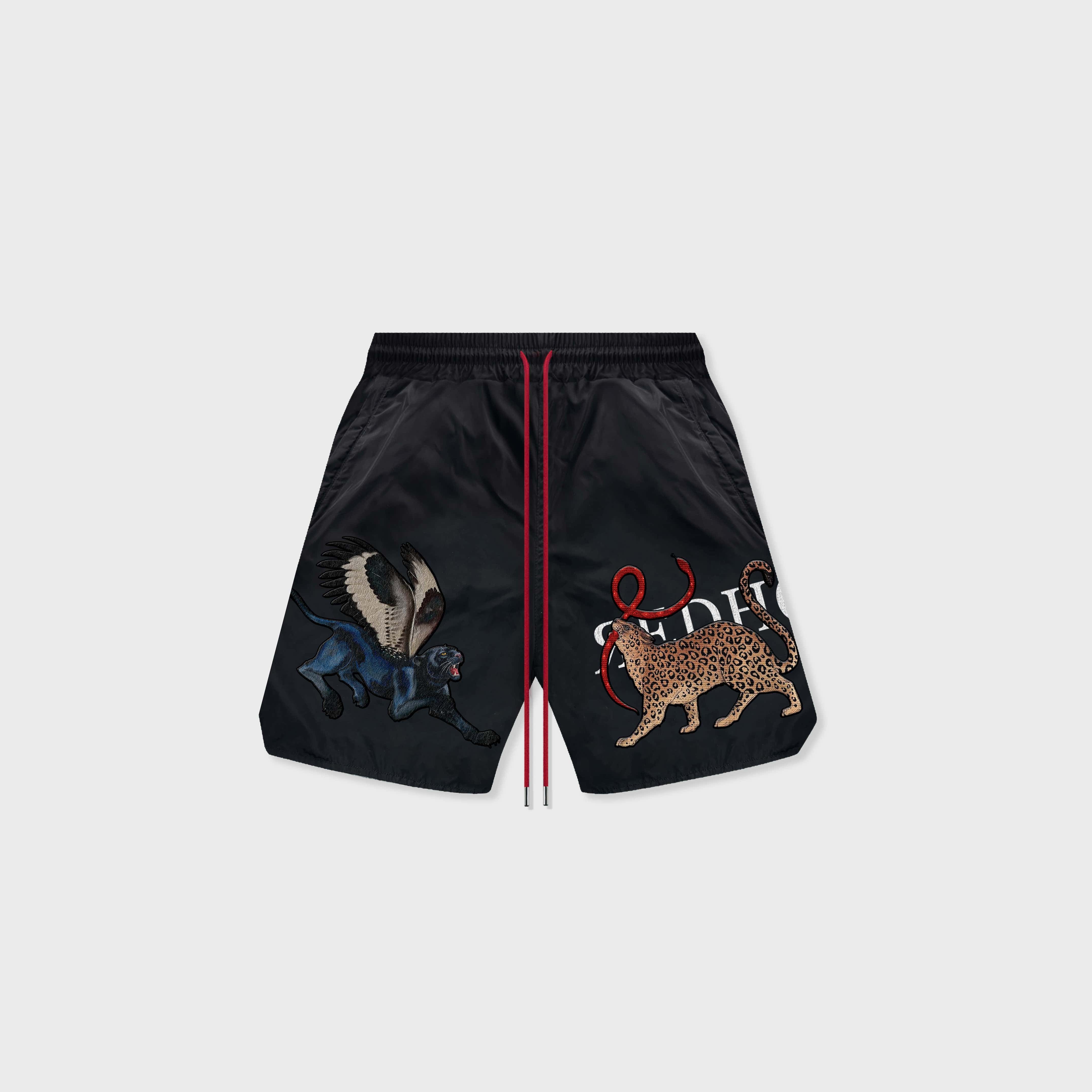 ЯH LEOPARD & PEGASUS BLACK SHORTS
